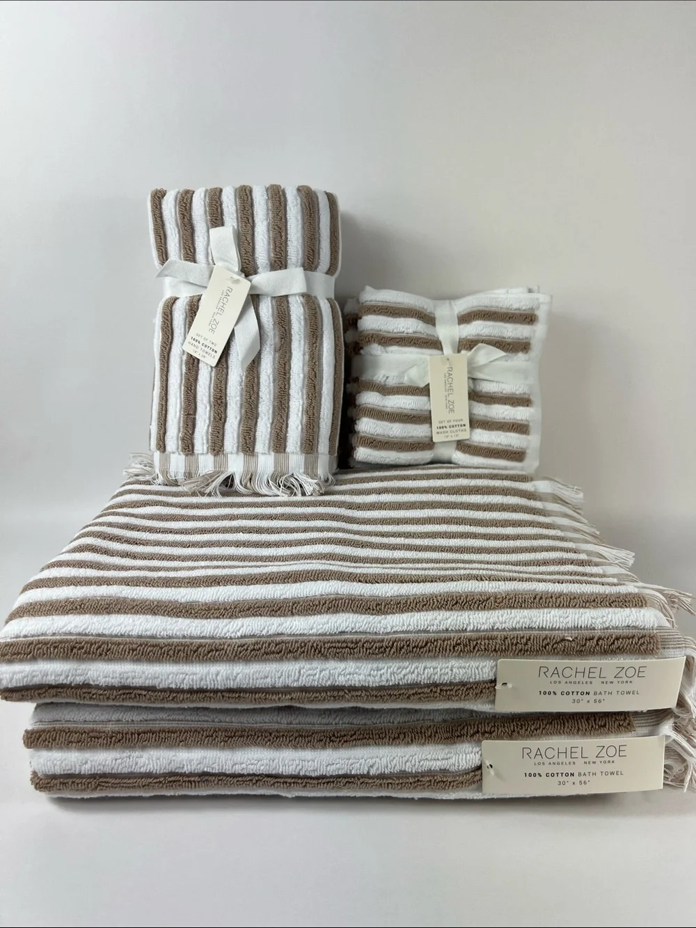Rachel Zoe Bath Towel Set Beige White Striped with Fringe Soft Cotton 8 Pc NEW